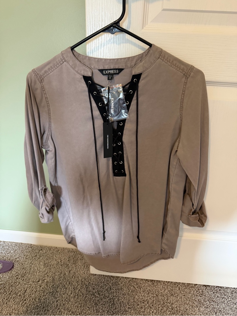 Express Taupe Lace-Up Blouse with Black Lacing